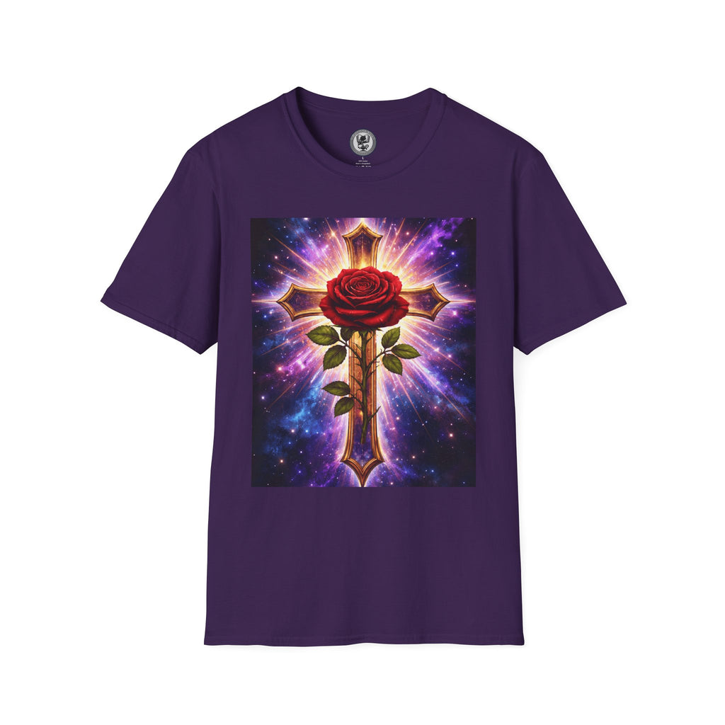 Cosmic Rose Cross T-Shirt — Rosicrucian Spiritual Floral Cross Graphic Tee