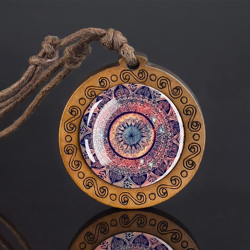 1pc Mandala Sacred Geometry Glass & Wood Pendant Necklace - Adjustable Rope Chain, Natural Wood & Glass Meditation Jewelry for Men, Gift, Spiritual Enlightenment Symbolism, Buddhist Jewelry, Artistic Design, Unique Craftsmans