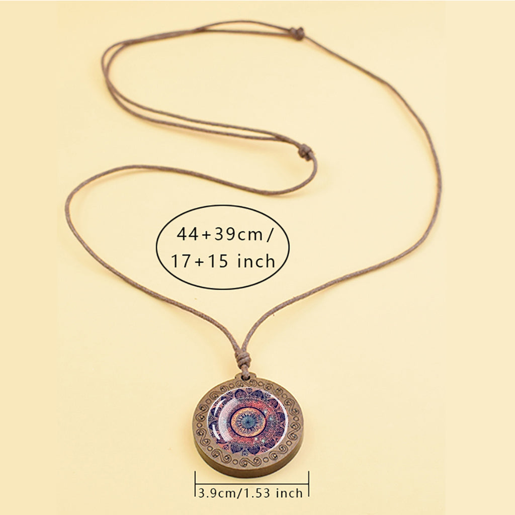 1pc Mandala Sacred Geometry Glass & Wood Pendant Necklace - Adjustable Rope Chain, Natural Wood & Glass Meditation Jewelry for Men, Gift, Spiritual Enlightenment Symbolism, Buddhist Jewelry, Artistic Design, Unique Craftsmans