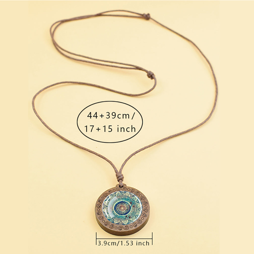 1pc Mandala Sacred Geometry Glass & Wood Pendant Necklace - Adjustable Rope Chain, Natural Wood & Glass Meditation Jewelry for Men, Gift, Spiritual Enlightenment Symbolism, Buddhist Jewelry, Artistic Design, Unique Craftsmans