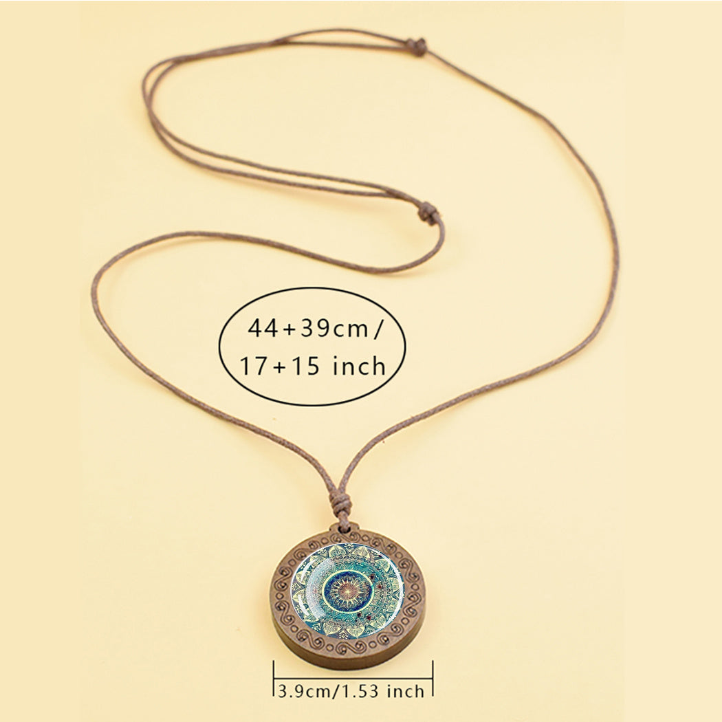 1pc Mandala Sacred Geometry Glass & Wood Pendant Necklace - Adjustable Rope Chain, Natural Wood & Glass Meditation Jewelry for Men, Gift, Spiritual Enlightenment Symbolism, Buddhist Jewelry, Artistic Design, Unique Craftsmans