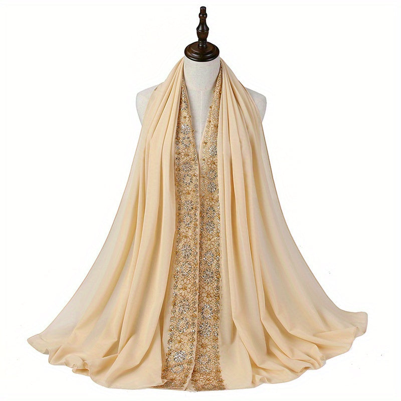 Summer Chiffon Women's Headscarf with Beaded Fringe, Muslim Hijab Long Scarf, Fashion Scarf