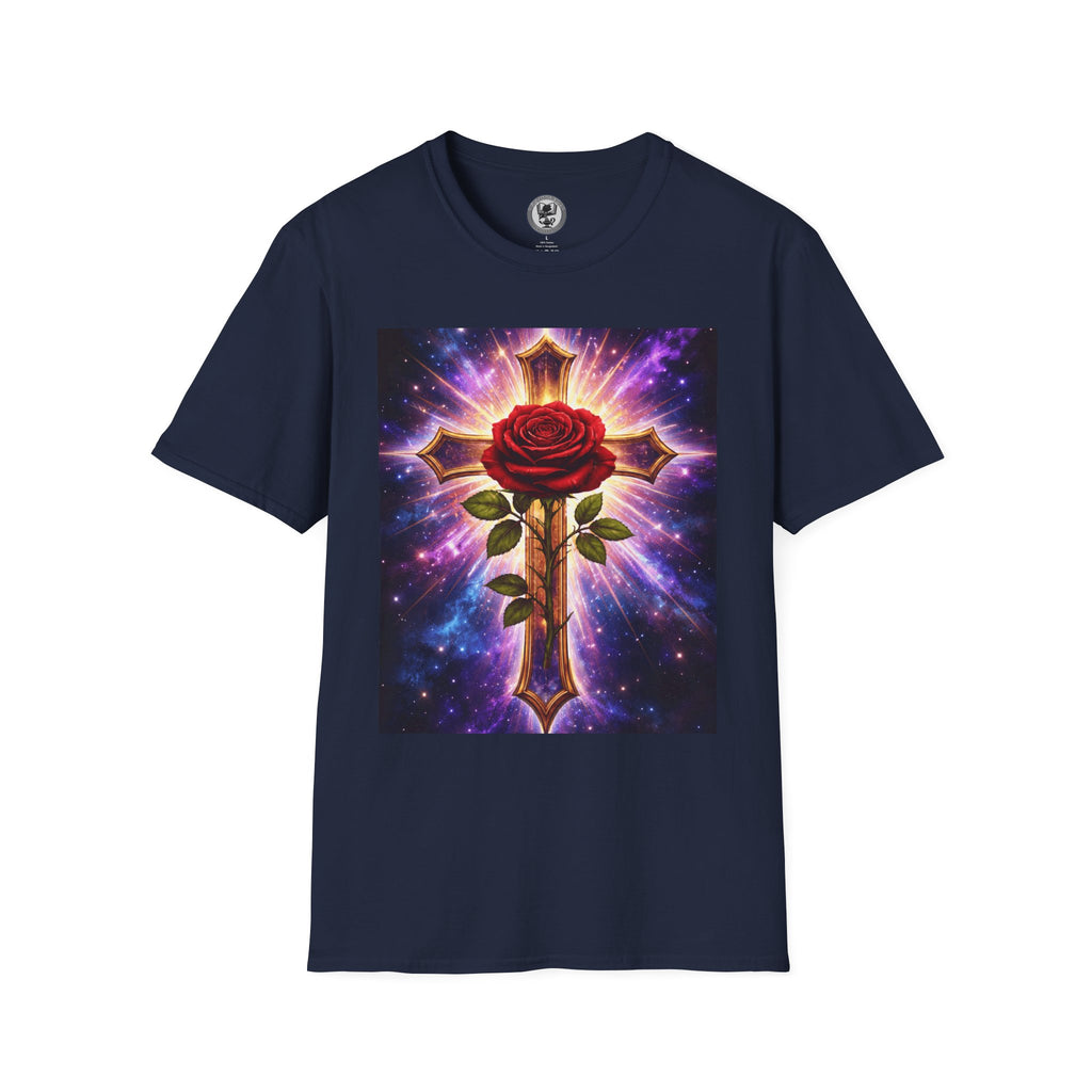 Cosmic Rose Cross T-Shirt — Rosicrucian Spiritual Floral Cross Graphic Tee