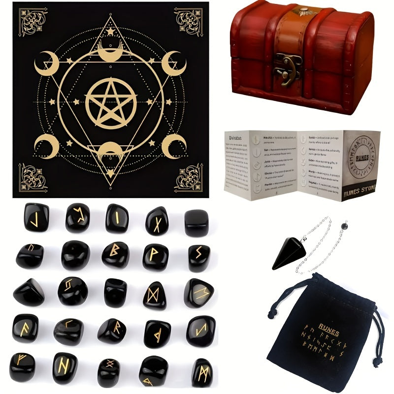 A Set of Crystal Agate Runes Featuring Viking Designs, with Intricately Carved Letters. This Collection Includes 25pcs of Futhark Rune Stones Made from Polished Gems
