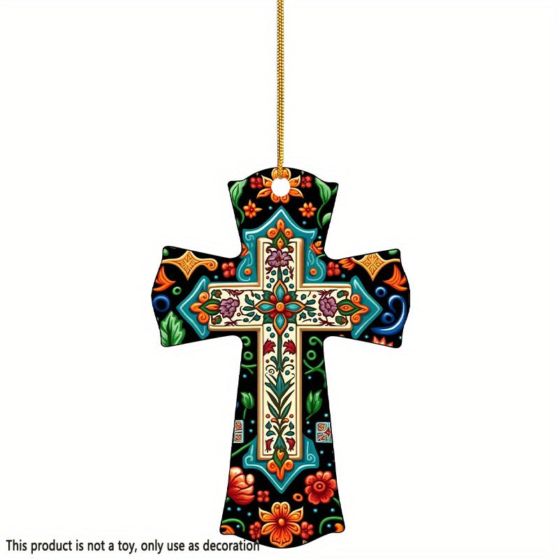 1pc Flower ＆ Leaf Creative Cross Pendant, Acrylic 2D Car Decor, Yard Decor, Backpack And Keychain Pendant, Christian Festival Room Decor And Tree Decor