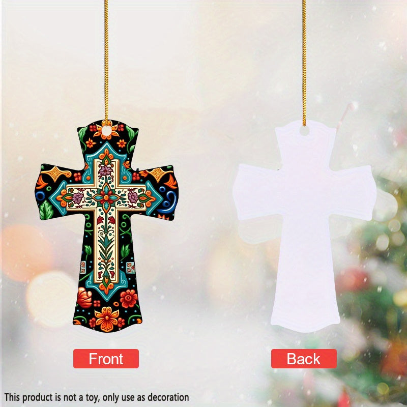 1pc Flower ＆ Leaf Creative Cross Pendant, Acrylic 2D Car Decor, Yard Decor, Backpack And Keychain Pendant, Christian Festival Room Decor And Tree Decor