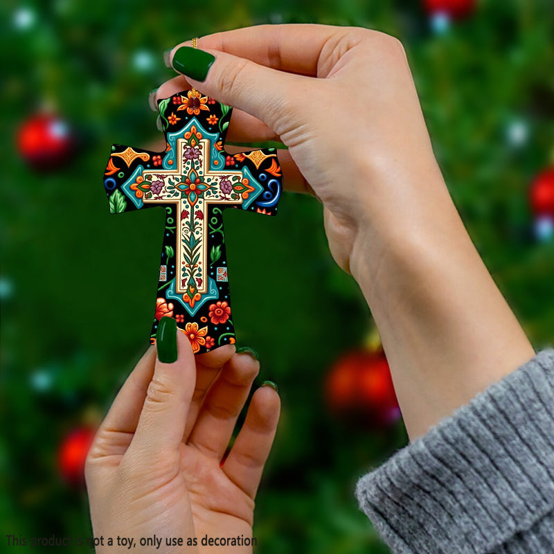 1pc Flower ＆ Leaf Creative Cross Pendant, Acrylic 2D Car Decor, Yard Decor, Backpack And Keychain Pendant, Christian Festival Room Decor And Tree Decor