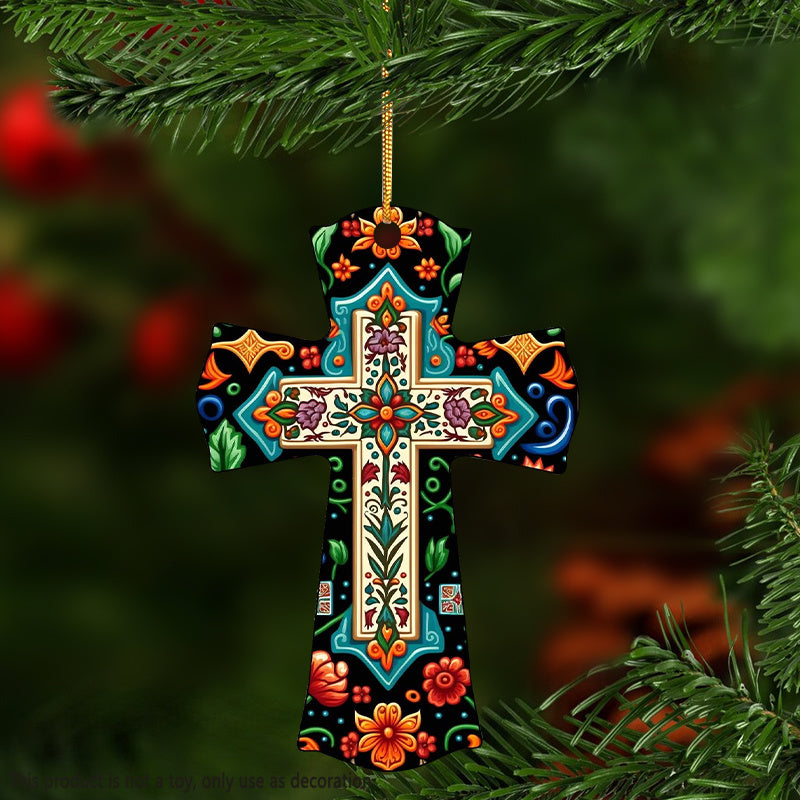 1pc Flower ＆ Leaf Creative Cross Pendant, Acrylic 2D Car Decor, Yard Decor, Backpack And Keychain Pendant, Christian Festival Room Decor And Tree Decor