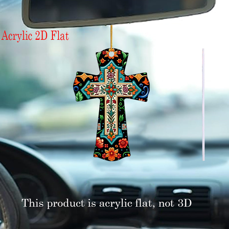 1pc Flower ＆ Leaf Creative Cross Pendant, Acrylic 2D Car Decor, Yard Decor, Backpack And Keychain Pendant, Christian Festival Room Decor And Tree Decor