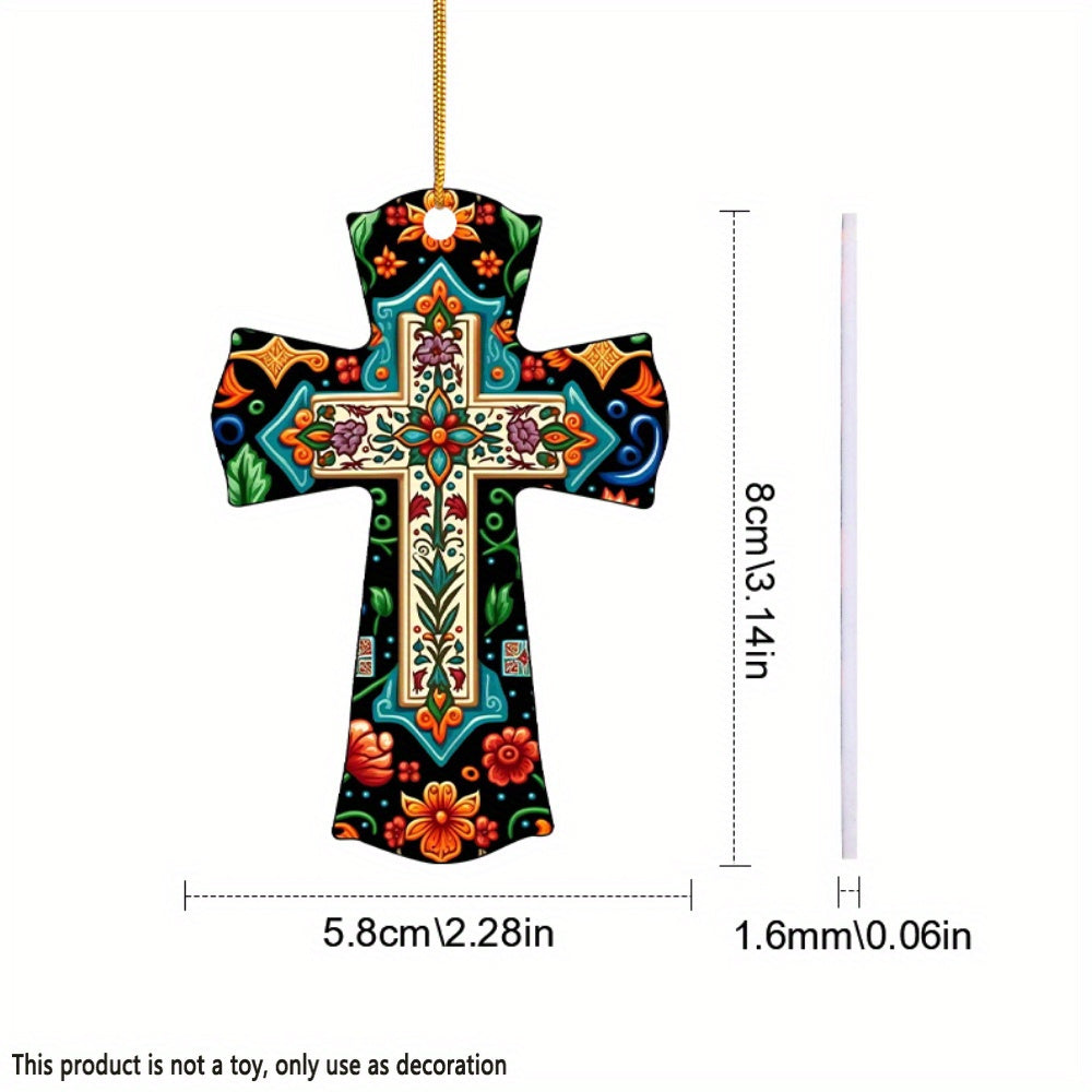 1pc Flower ＆ Leaf Creative Cross Pendant, Acrylic 2D Car Decor, Yard Decor, Backpack And Keychain Pendant, Christian Festival Room Decor And Tree Decor