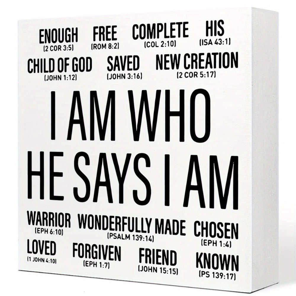 1pc Wooden Christian Desk Box Sign, I Am Who He Says I Am, Home Office Religious Motivational Decor, Scripture Bible Verse Desk Decoration, Inspirational Christian Baptism Gifts For Women Men