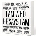 1pc Wooden Christian Desk Box Sign, I Am Who He Says I Am, Home Office Religious Motivational Decor, Scripture Bible Verse Desk Decoration, Inspirational Christian Baptism Gifts For Women Men