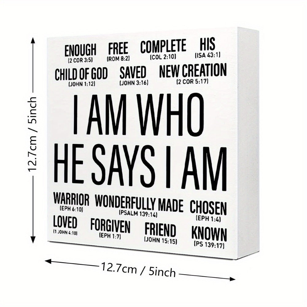 1pc Wooden Christian Desk Box Sign, I Am Who He Says I Am, Home Office Religious Motivational Decor, Scripture Bible Verse Desk Decoration, Inspirational Christian Baptism Gifts For Women Men