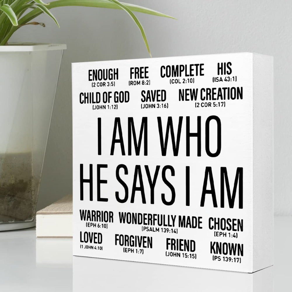 1pc Wooden Christian Desk Box Sign, I Am Who He Says I Am, Home Office Religious Motivational Decor, Scripture Bible Verse Desk Decoration, Inspirational Christian Baptism Gifts For Women Men