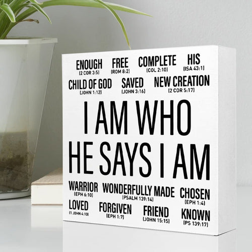 1pc Wooden Christian Desk Box Sign, I Am Who He Says I Am, Home Office Religious Motivational Decor, Scripture Bible Verse Desk Decoration, Inspirational Christian Baptism Gifts For Women Men