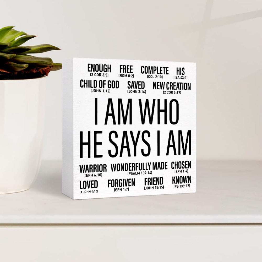 1pc Wooden Christian Desk Box Sign, I Am Who He Says I Am, Home Office Religious Motivational Decor, Scripture Bible Verse Desk Decoration, Inspirational Christian Baptism Gifts For Women Men