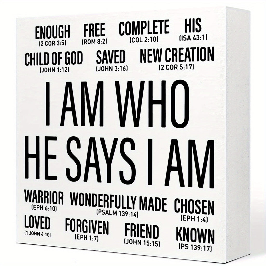 1pc Wooden Christian Desk Box Sign, I Am Who He Says I Am, Home Office Religious Motivational Decor, Scripture Bible Verse Desk Decoration, Inspirational Christian Baptism Gifts For Women Men