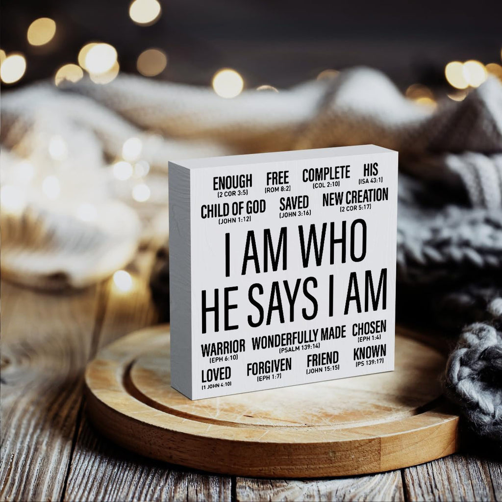 1pc Wooden Christian Desk Box Sign, I Am Who He Says I Am, Home Office Religious Motivational Decor, Scripture Bible Verse Desk Decoration, Inspirational Christian Baptism Gifts For Women Men