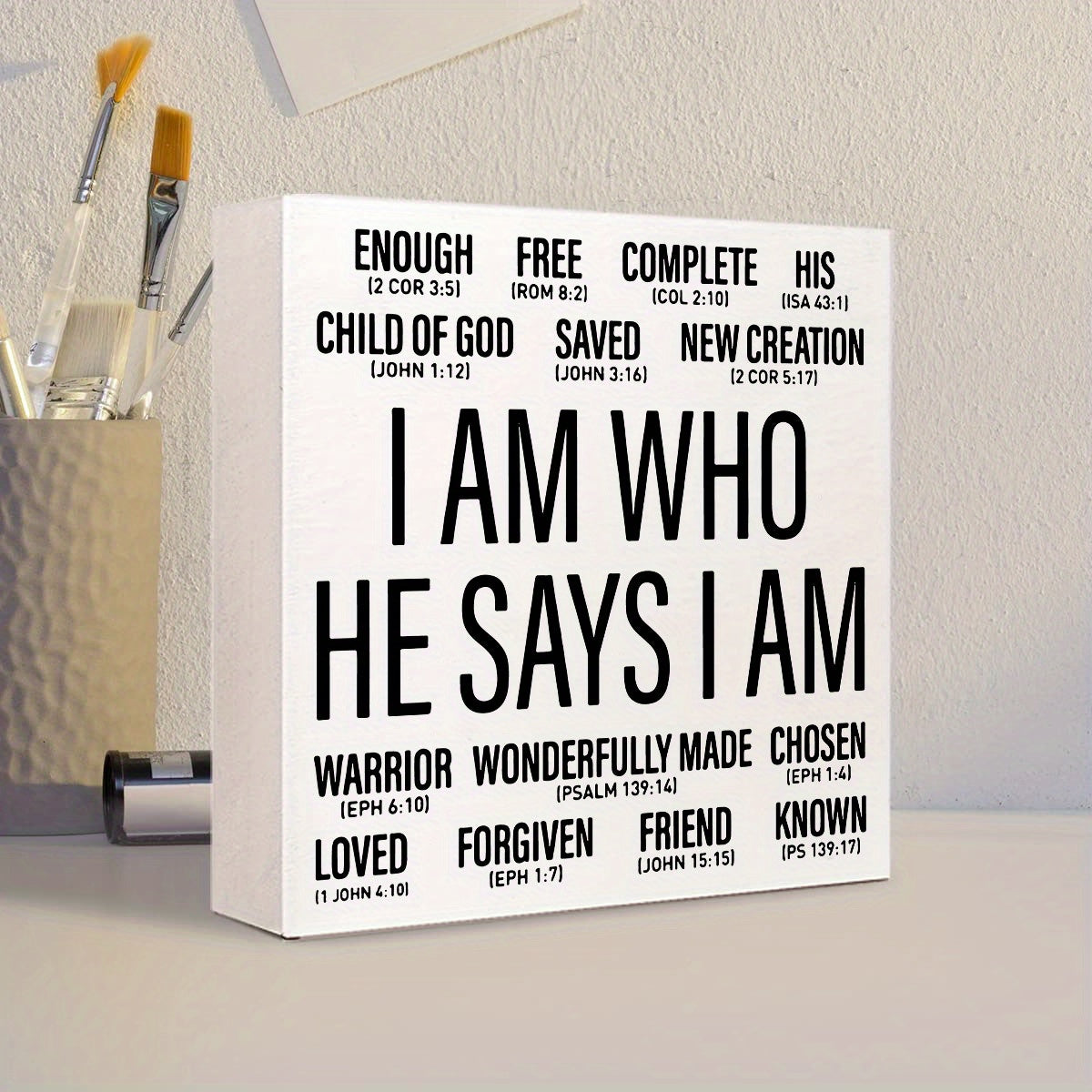 1pc Wooden Christian Desk Box Sign, I Am Who He Says I Am, Home Office Religious Motivational Decor, Scripture Bible Verse Desk Decoration, Inspirational Christian Baptism Gifts For Women Men