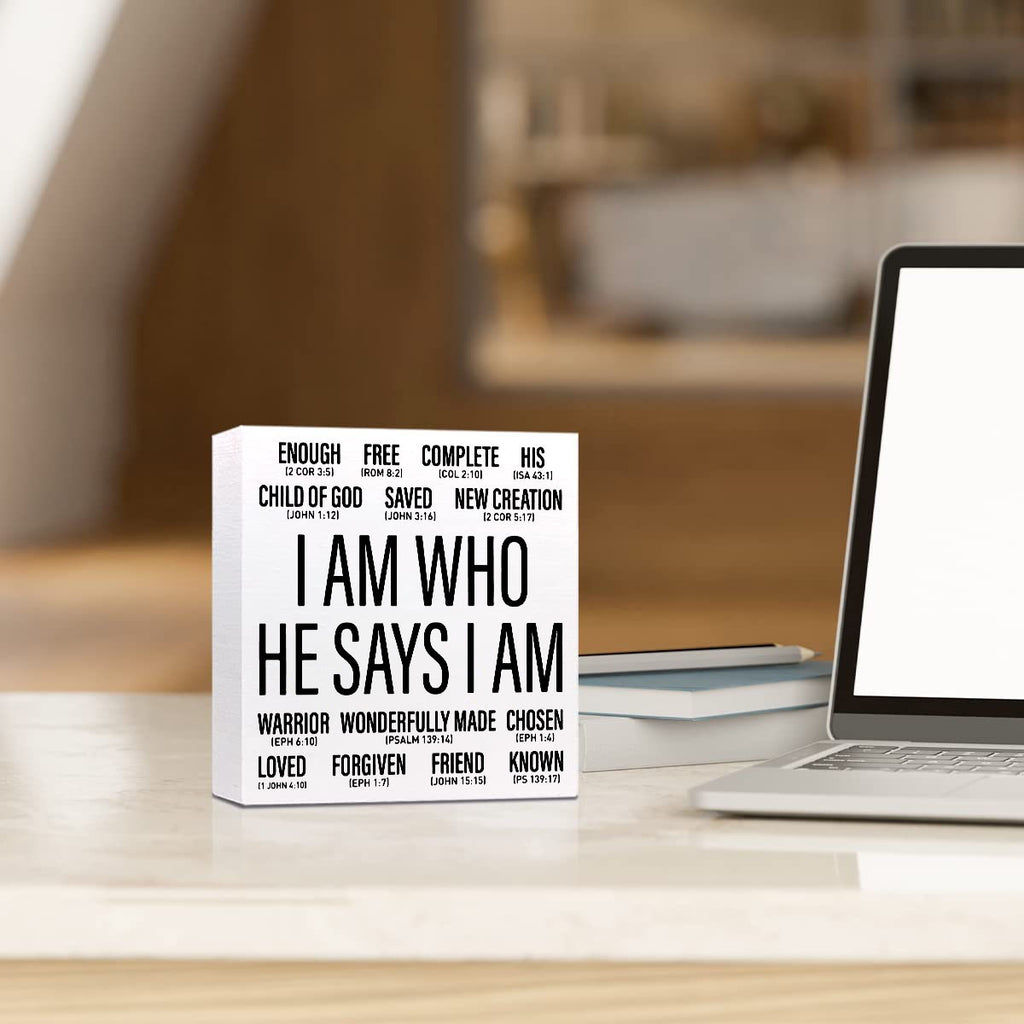 1pc Wooden Christian Desk Box Sign, I Am Who He Says I Am, Home Office Religious Motivational Decor, Scripture Bible Verse Desk Decoration, Inspirational Christian Baptism Gifts For Women Men