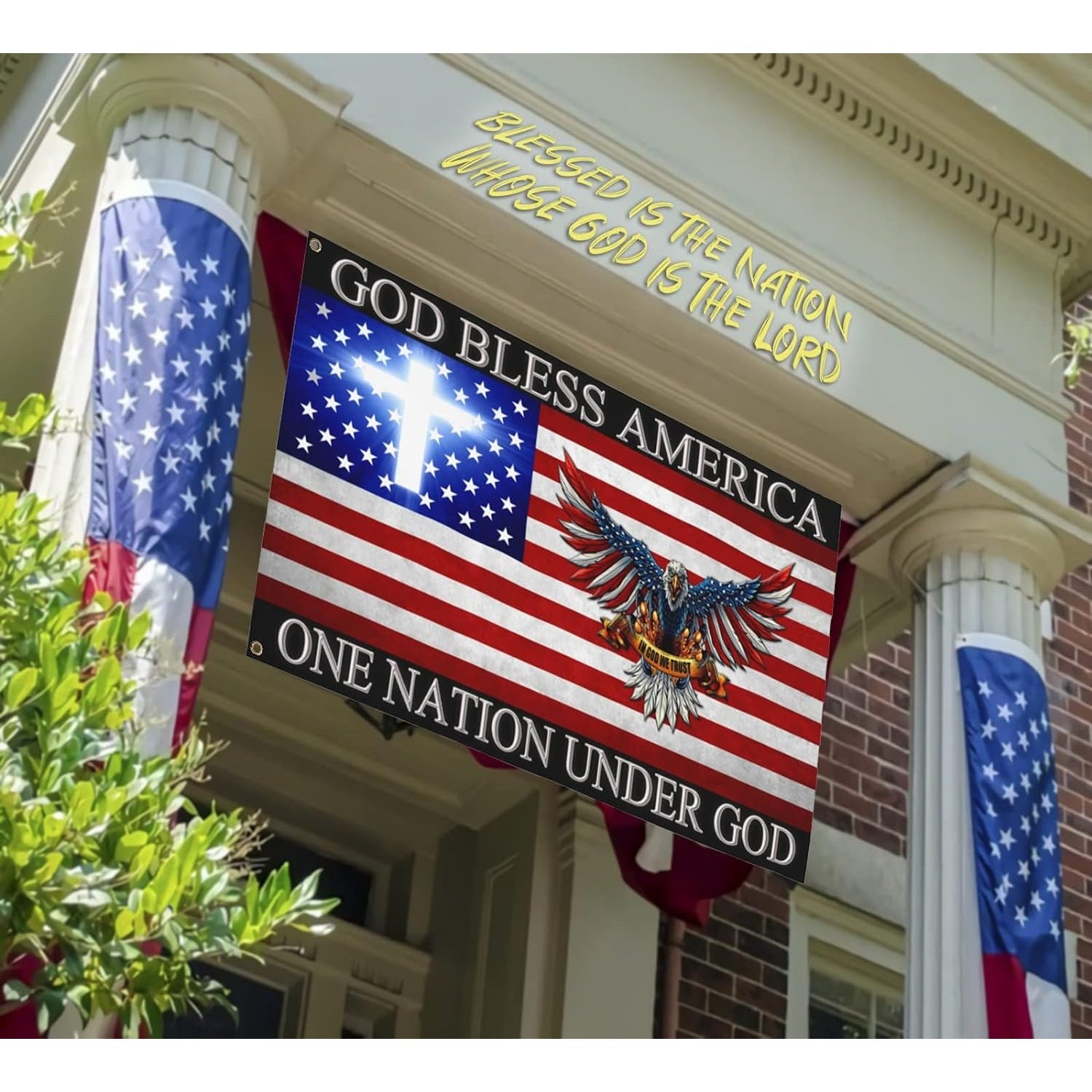God Bless America Flag with Eagle & Cross - 3x5 Feet Polyester Patriotic Banner, Double-Sided Print, Christian Religious House and Outdoor Decor, Multipurpose Fabric, No Electricity Needed