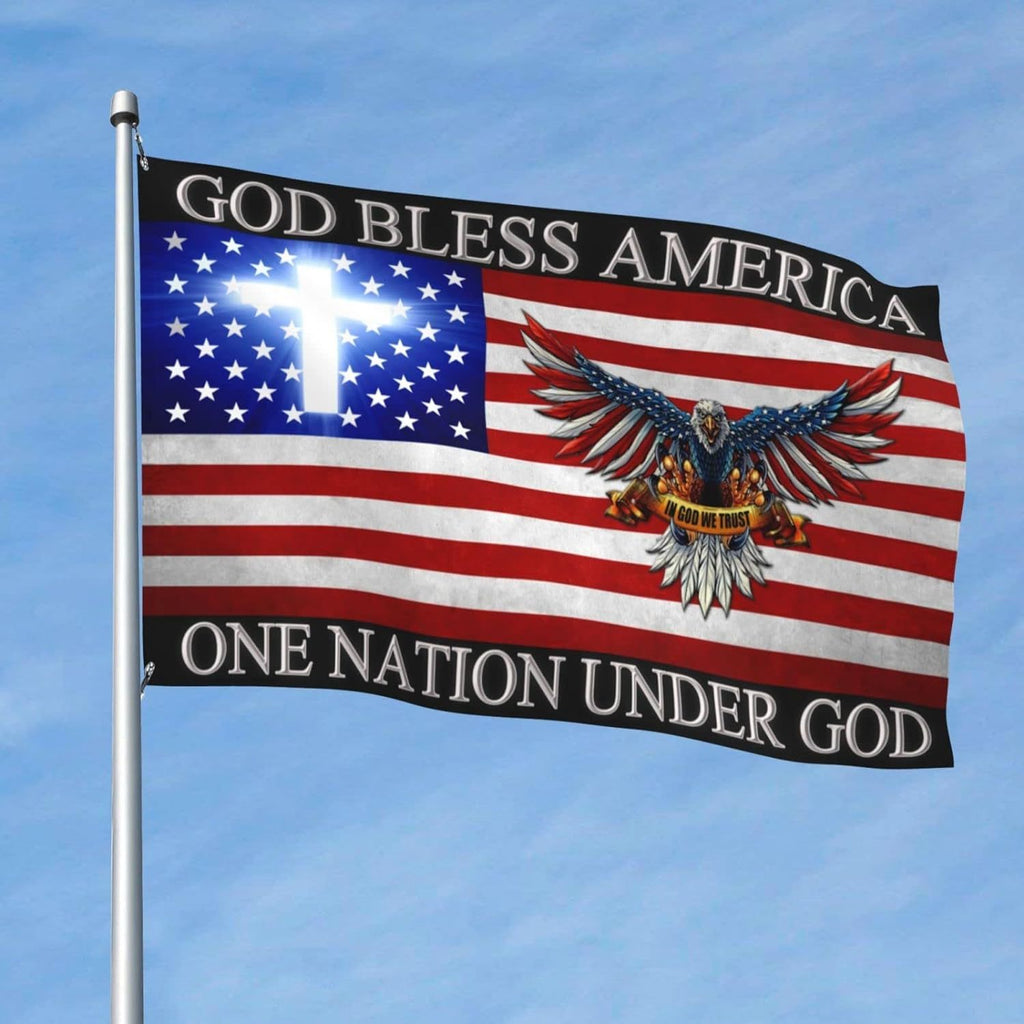 God Bless America Flag with Eagle & Cross - 3x5 Feet Polyester Patriotic Banner, Double-Sided Print, Christian Religious House and Outdoor Decor, Multipurpose Fabric, No Electricity Needed