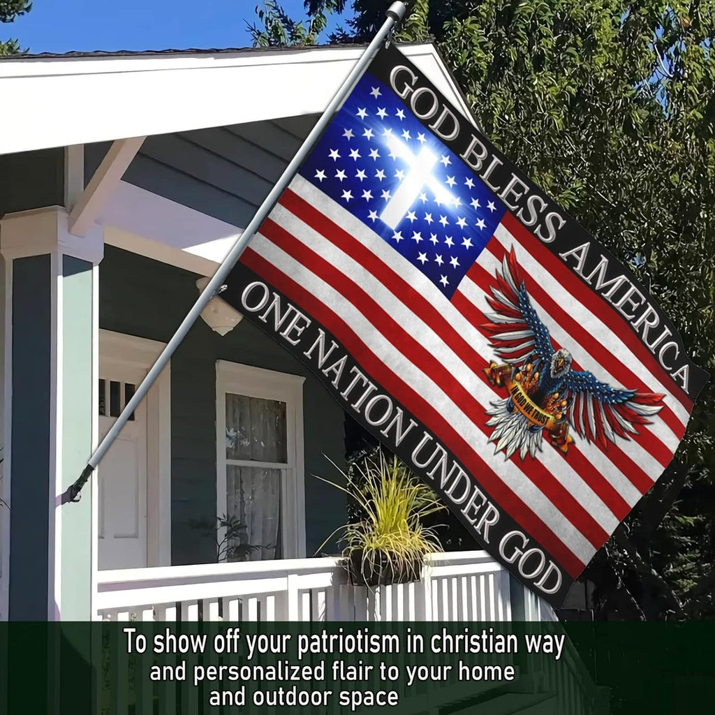 God Bless America Flag with Eagle & Cross - 3x5 Feet Polyester Patriotic Banner, Double-Sided Print, Christian Religious House and Outdoor Decor, Multipurpose Fabric, No Electricity Needed