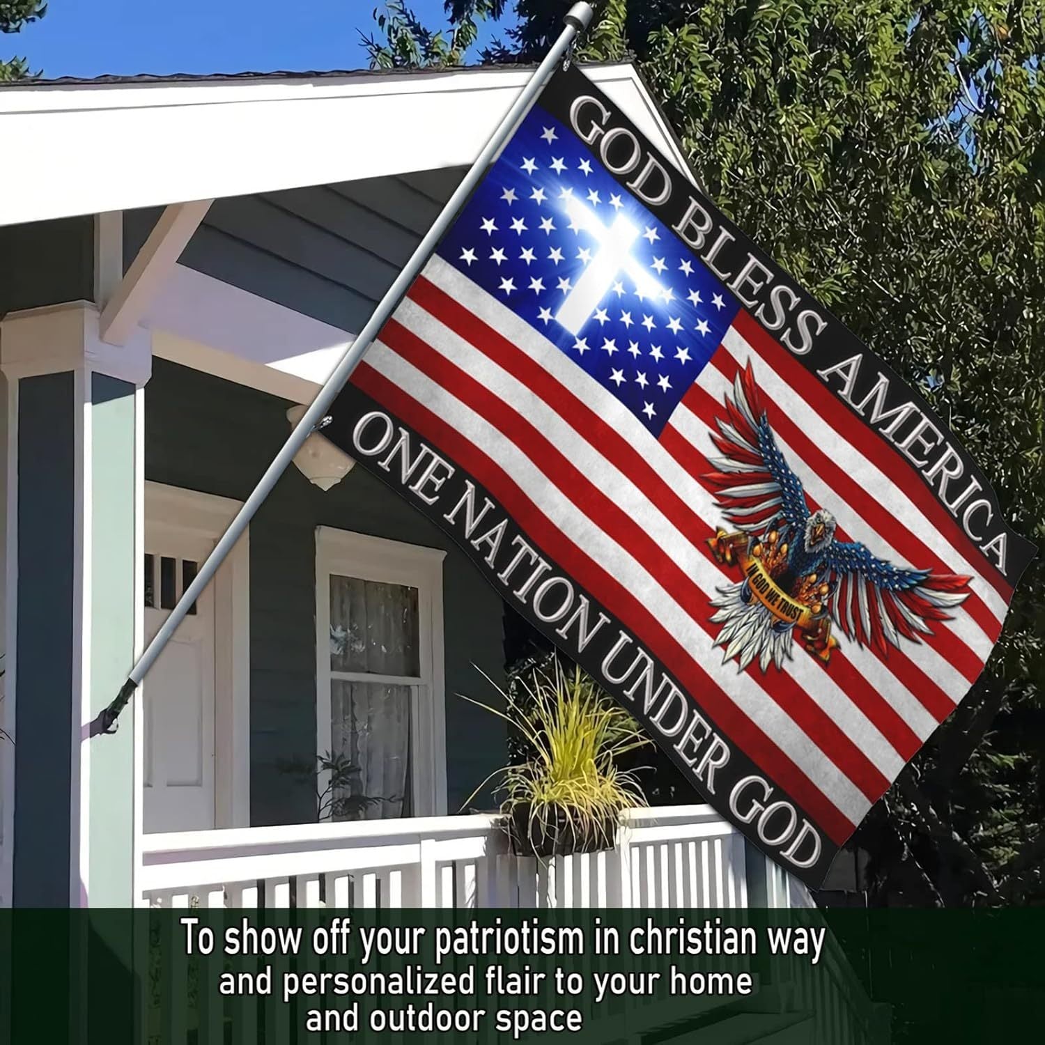 God Bless America Flag with Eagle & Cross - 3x5 Feet Polyester Patriotic Banner, Double-Sided Print, Christian Religious House and Outdoor Decor, Multipurpose Fabric, No Electricity Needed