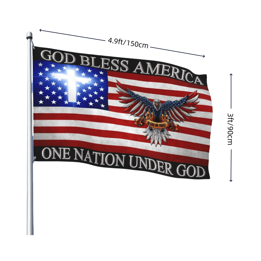 God Bless America Flag with Eagle & Cross - 3x5 Feet Polyester Patriotic Banner, Double-Sided Print, Christian Religious House and Outdoor Decor, Multipurpose Fabric, No Electricity Needed