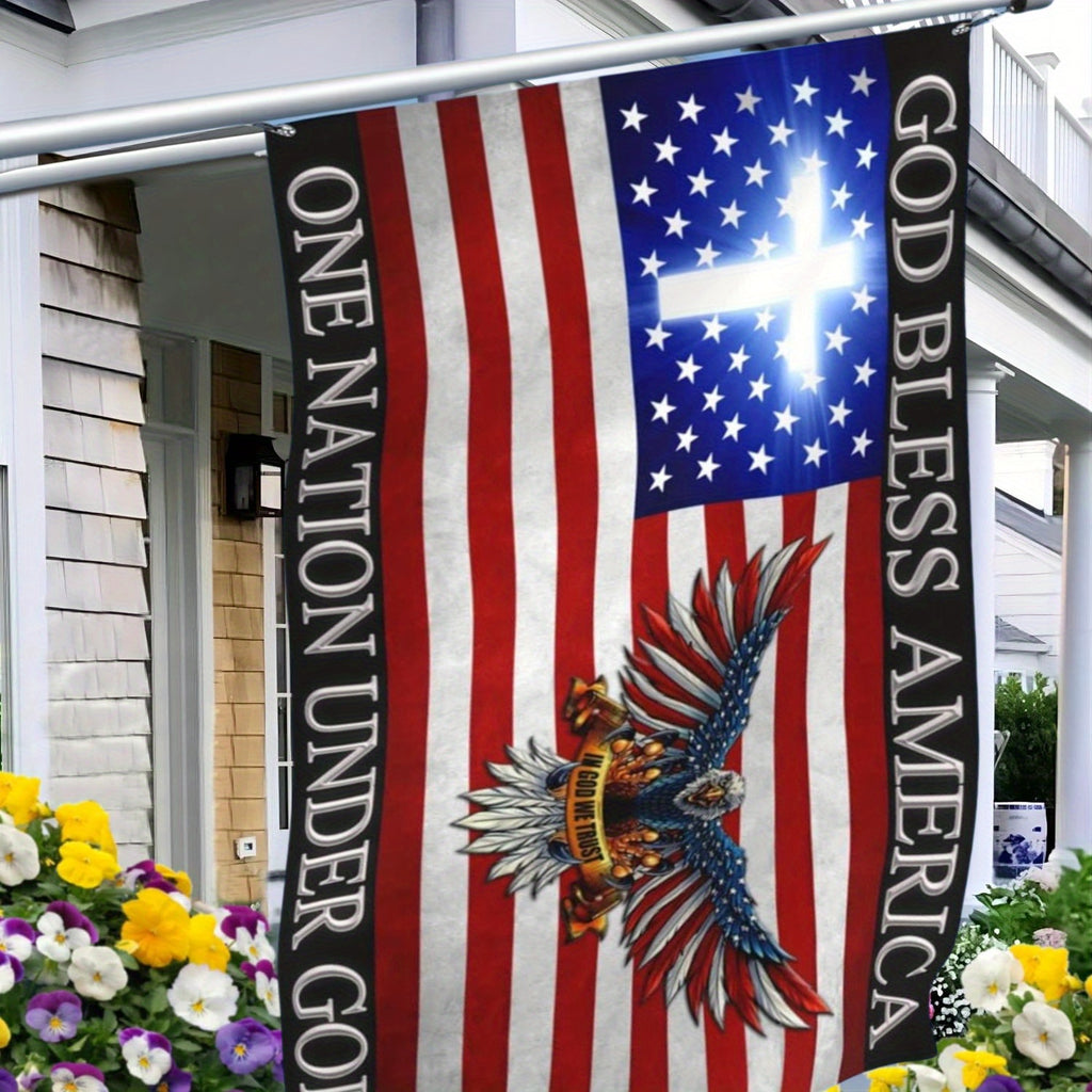 God Bless America Flag with Eagle & Cross - 3x5 Feet Polyester Patriotic Banner, Double-Sided Print, Christian Religious House and Outdoor Decor, Multipurpose Fabric, No Electricity Needed