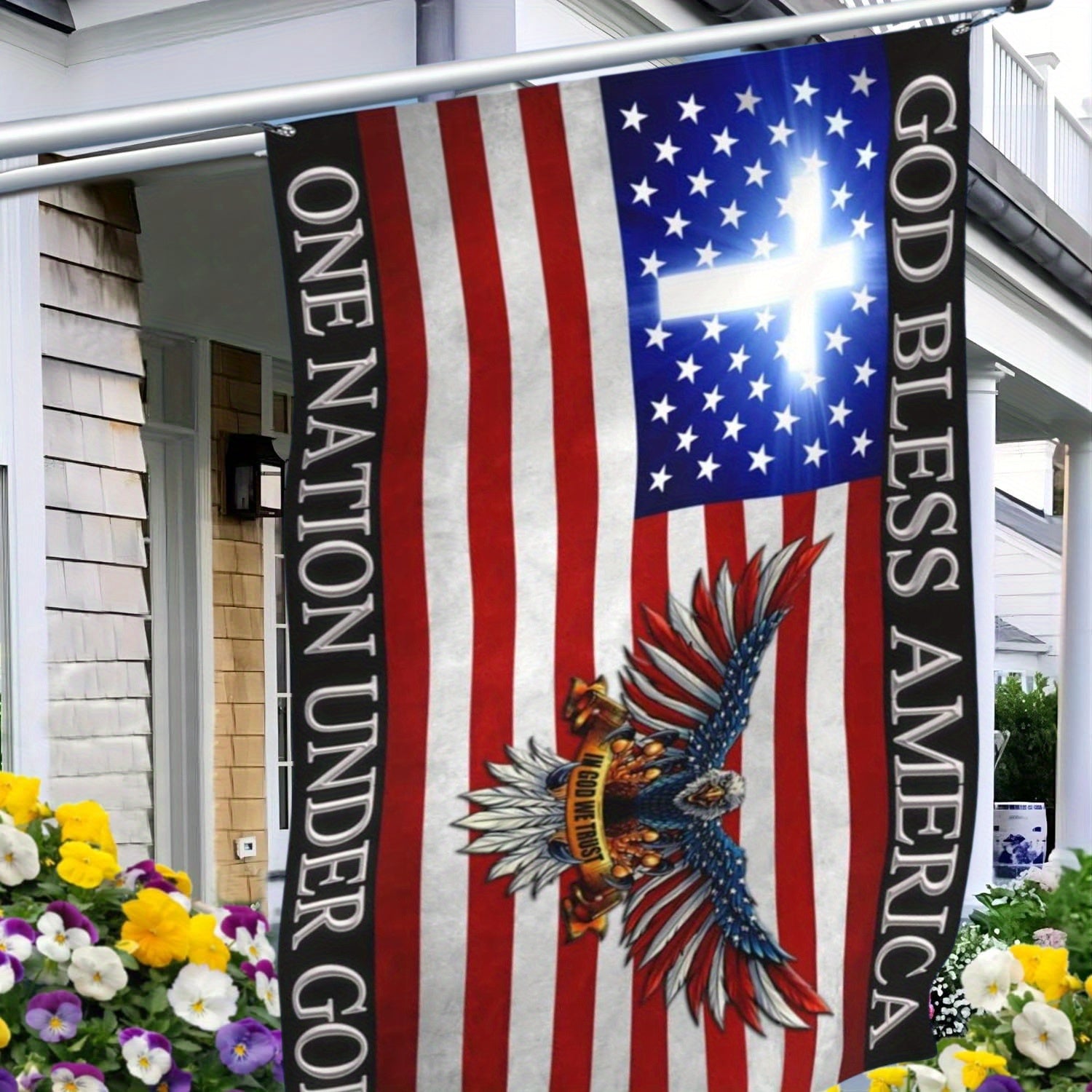God Bless America Flag with Eagle & Cross - 3x5 Feet Polyester Patriotic Banner, Double-Sided Print, Christian Religious House and Outdoor Decor, Multipurpose Fabric, No Electricity Needed