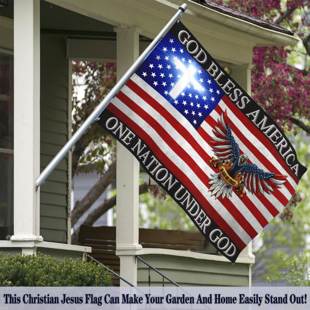God Bless America Flag with Eagle & Cross - 3x5 Feet Polyester Patriotic Banner, Double-Sided Print, Christian Religious House and Outdoor Decor, Multipurpose Fabric, No Electricity Needed