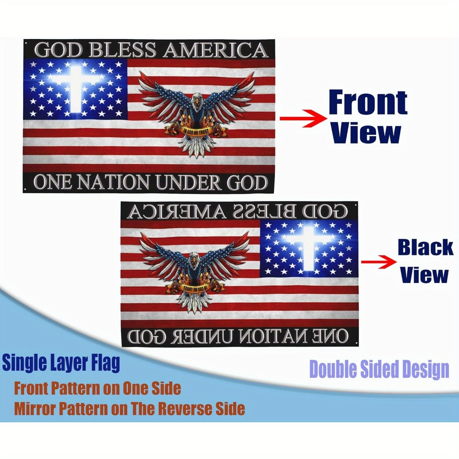 God Bless America Flag with Eagle & Cross - 3x5 Feet Polyester Patriotic Banner, Double-Sided Print, Christian Religious House and Outdoor Decor, Multipurpose Fabric, No Electricity Needed
