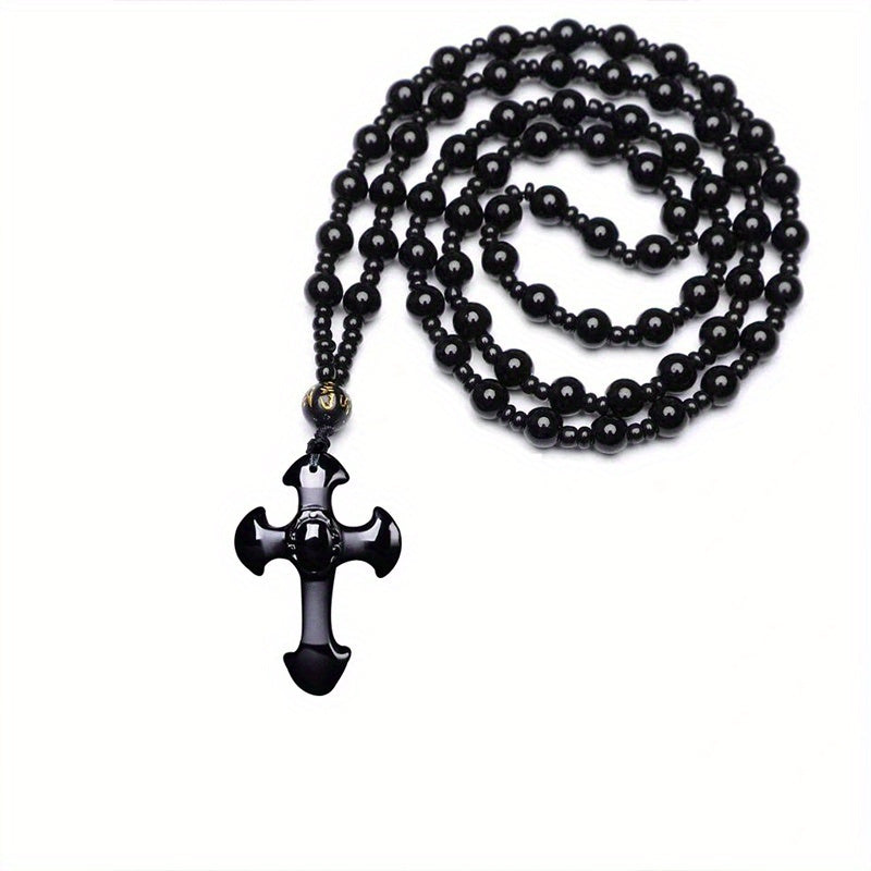 1pc Classic Religious Style Christian Good Luck Amulet Cross Trend Fashion Obsidian Pendant Necklace for Men Women Daily Casual