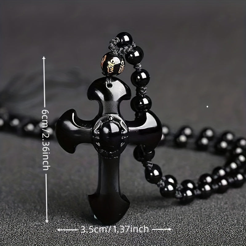 1pc Classic Religious Style Christian Good Luck Amulet Cross Trend Fashion Obsidian Pendant Necklace for Men Women Daily Casual
