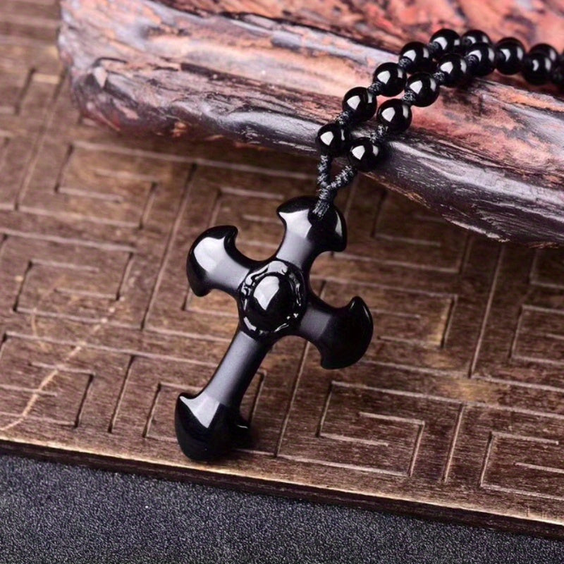1pc Classic Religious Style Christian Good Luck Amulet Cross Trend Fashion Obsidian Pendant Necklace for Men Women Daily Casual
