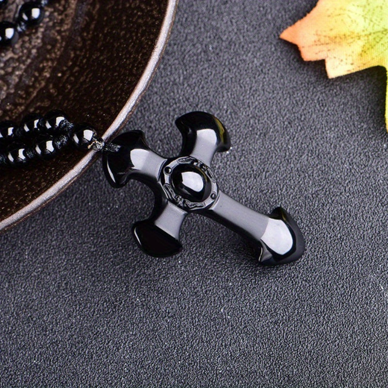 1pc Classic Religious Style Christian Good Luck Amulet Cross Trend Fashion Obsidian Pendant Necklace for Men Women Daily Casual