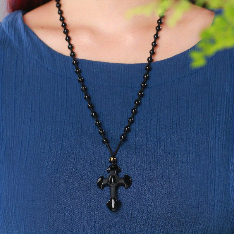 1pc Classic Religious Style Christian Good Luck Amulet Cross Trend Fashion Obsidian Pendant Necklace for Men Women Daily Casual