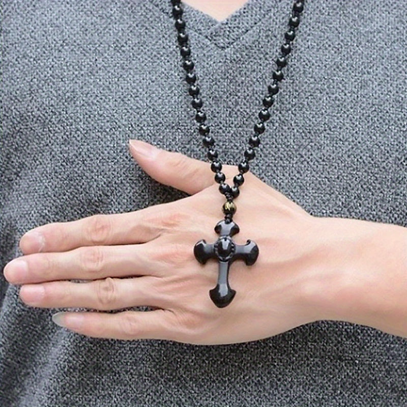 1pc Classic Religious Style Christian Good Luck Amulet Cross Trend Fashion Obsidian Pendant Necklace for Men Women Daily Casual