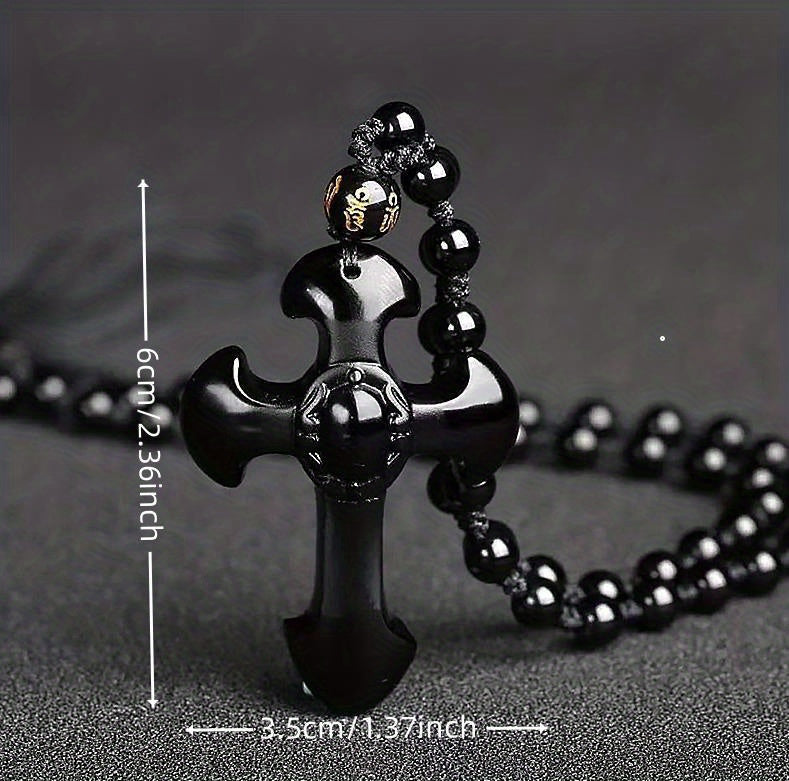 1pc Classic Religious Style Christian Good Luck Amulet Cross Trend Fashion Obsidian Pendant Necklace for Men Women Daily Casual