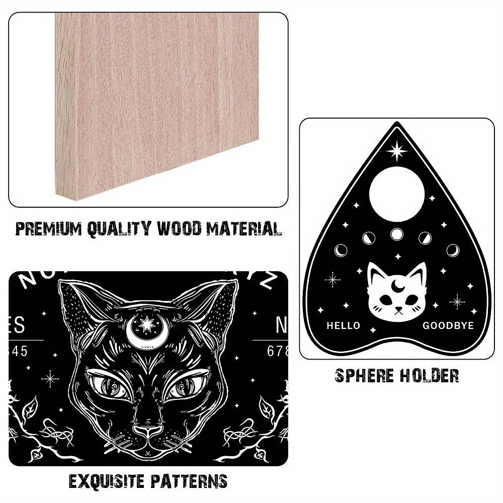 Black Cat Wooden Spirit Board Set With Planchette - Witchy Divination Game Kit For Spirit Hunts & Metaphysical Messages, Artistic Storage And Shipping