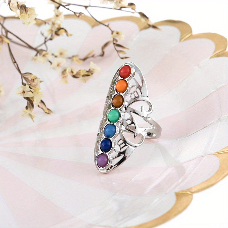 Vibrant Chakra Healing Ring – Handcrafted Silver-Plated Jewelry – Energizing Multi-Gemstone Accents – Spiritual Well-Being & Fashion Accessory