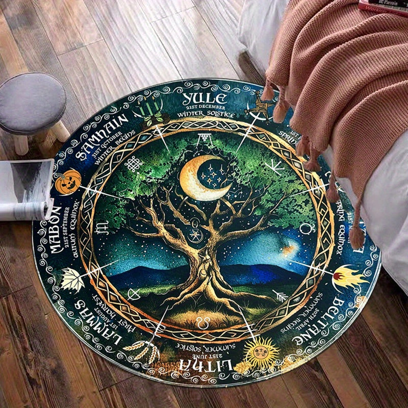Wiccan Pagan Wheel of the Year Printed Round Carpet, 800g/m2 Crystal Velvet, Non-Skid Polyester Area Rug, Soft Chair Mat for Bedroom, Living Room, Home Decor - Durable & Easy to Clean
