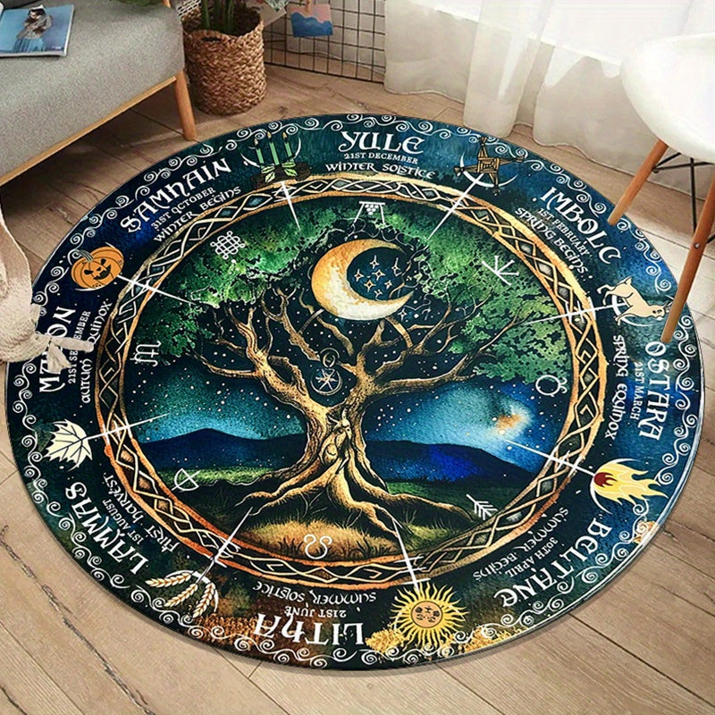 Wiccan Pagan Wheel of the Year Printed Round Carpet, 800g/m2 Crystal Velvet, Non-Skid Polyester Area Rug, Soft Chair Mat for Bedroom, Living Room, Home Decor - Durable & Easy to Clean