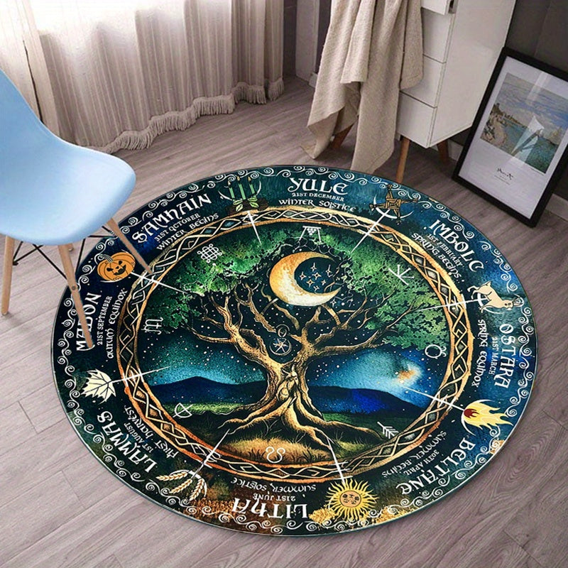 Wiccan Pagan Wheel of the Year Printed Round Carpet, 800g/m2 Crystal Velvet, Non-Skid Polyester Area Rug, Soft Chair Mat for Bedroom, Living Room, Home Decor - Durable & Easy to Clean
