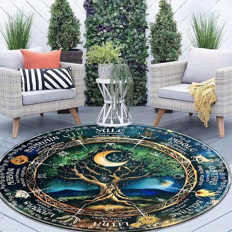 Wiccan Pagan Wheel of the Year Printed Round Carpet, 800g/m2 Crystal Velvet, Non-Skid Polyester Area Rug, Soft Chair Mat for Bedroom, Living Room, Home Decor - Durable & Easy to Clean