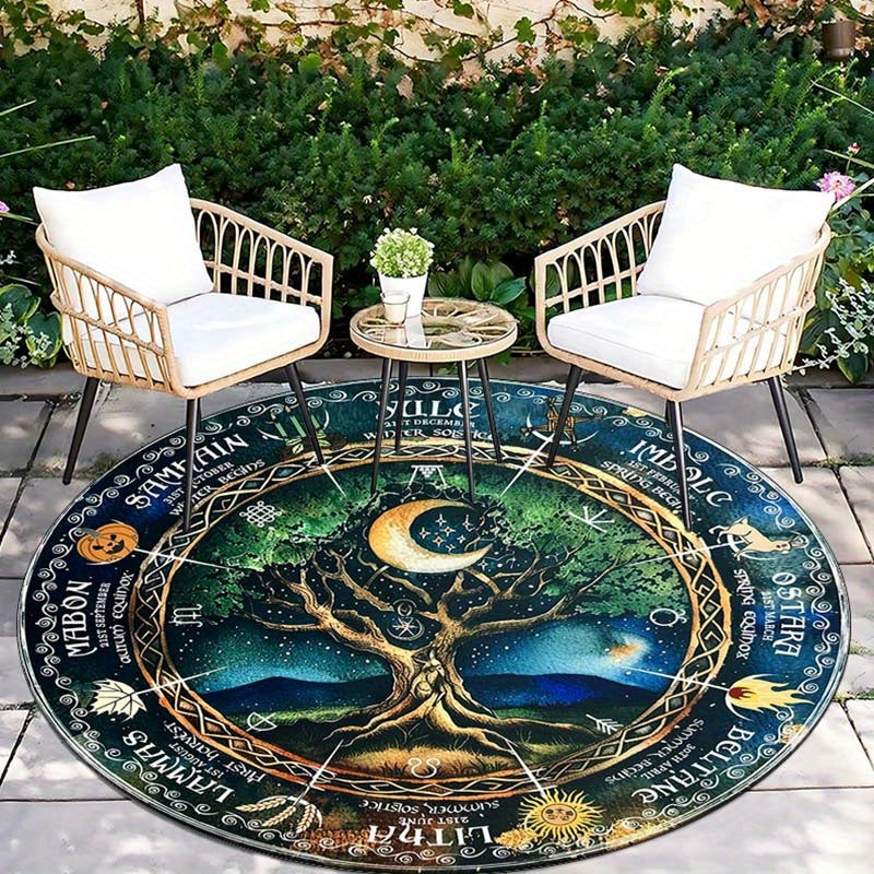 Wiccan Pagan Wheel of the Year Printed Round Carpet, 800g/m2 Crystal Velvet, Non-Skid Polyester Area Rug, Soft Chair Mat for Bedroom, Living Room, Home Decor - Durable & Easy to Clean