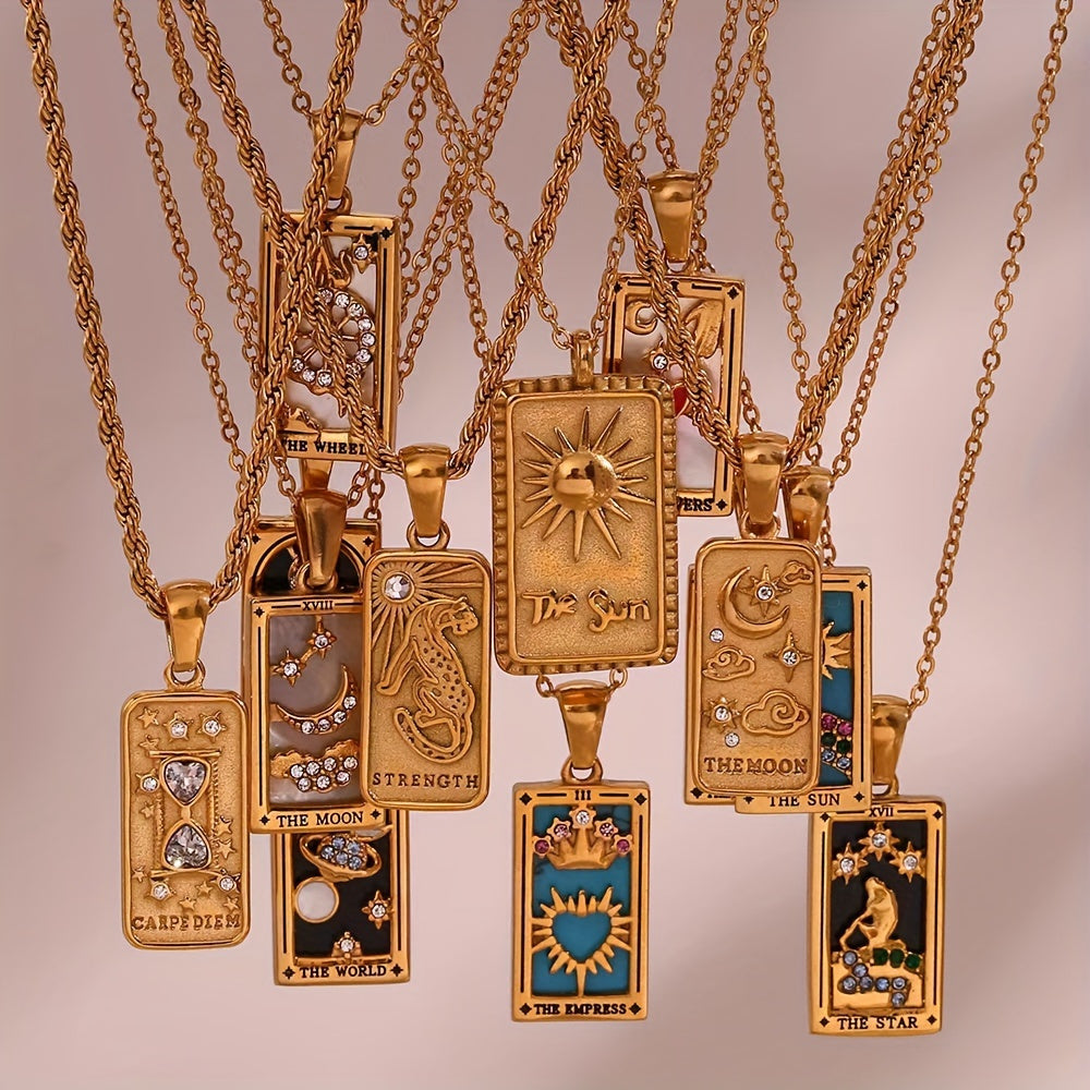 3 Sets of Rectangular Dripping Zirconia Tarot Pendant Jewelry Fashion Stainless Steel Plated Golden Necklace for Women and Men's Gifts Preferred