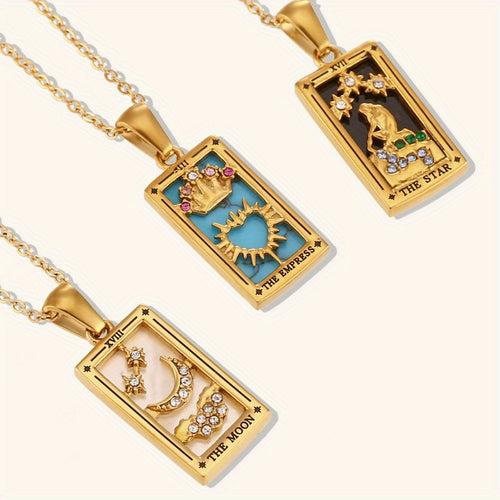 3 Sets of Rectangular Dripping Zirconia Tarot Pendant Jewelry Fashion Stainless Steel Plated Golden Necklace for Women and Men's Gifts Preferred