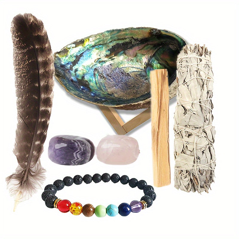 Complete Sage Smudge Kit - Authentic Crystals, Adjustable Crystal Bracelet, Handcrafted Natural Abalone Shell, Soft Smudge Feathers, Sturdy Stand - Thoughtful Gift Set, Unique Home Decor, Versatile Party Decor for Spiritual G